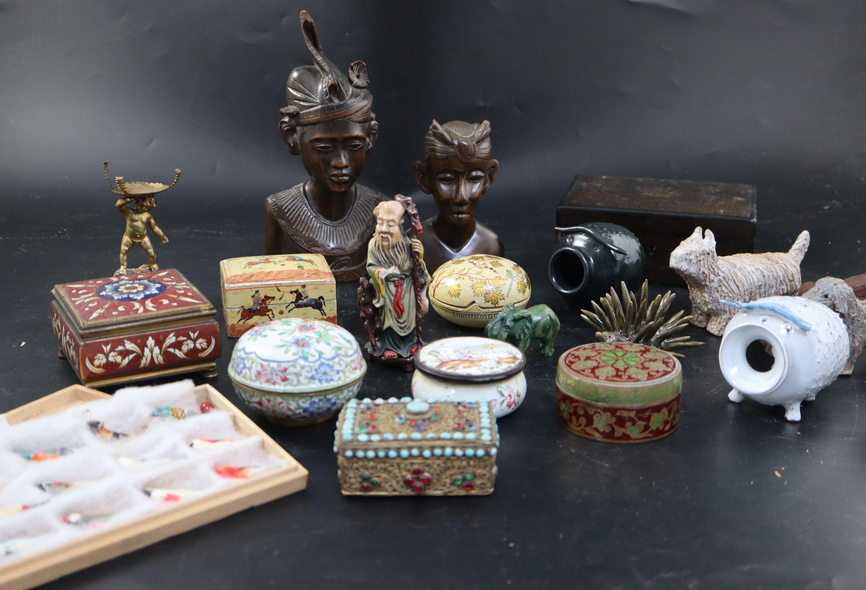 A group of assorted boxes and ornaments